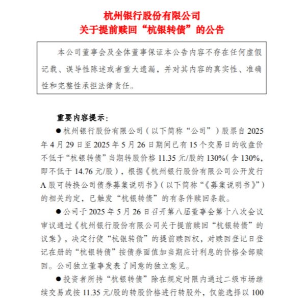 股票配资炒股 又一只提前赎回! 150亿元杭银转债触发赎回条款